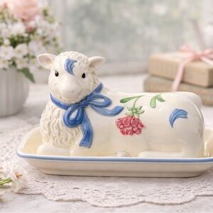 Lenox Lamb Butter Dish Poppies On Blue Covered Sheep Cottagecore Farmhouse Decor